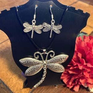 Handmade Silver Alloy Dragonfly Necklace and Double Sided Earrings Combo Lot